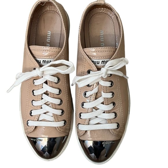 Miu Miu Tan Patent Leather Metal Cap Toe Sneakers Size 36 (US Size 6) - Picture 5 of 15